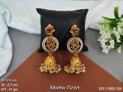 Fancy Desgin Party wear Matte Gold Polish Kemp Jewellery Desinger Kemp Jhumka Earring 